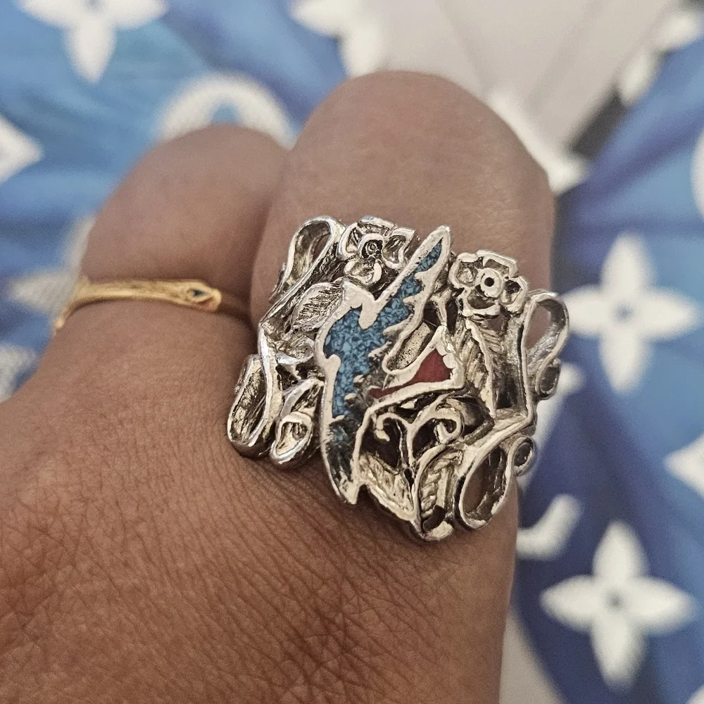 Free People Silver Ring with Blue and Red Accents
